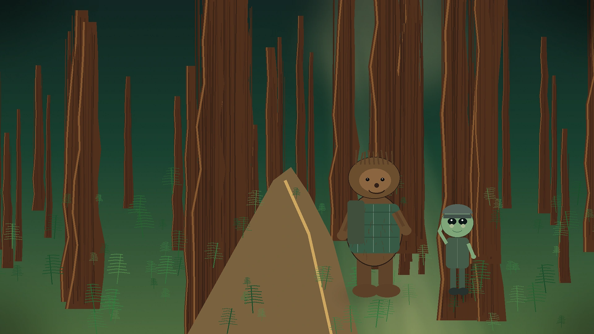 Bigfoot and alien friends hiking a redwood forest trail in Humboldt County