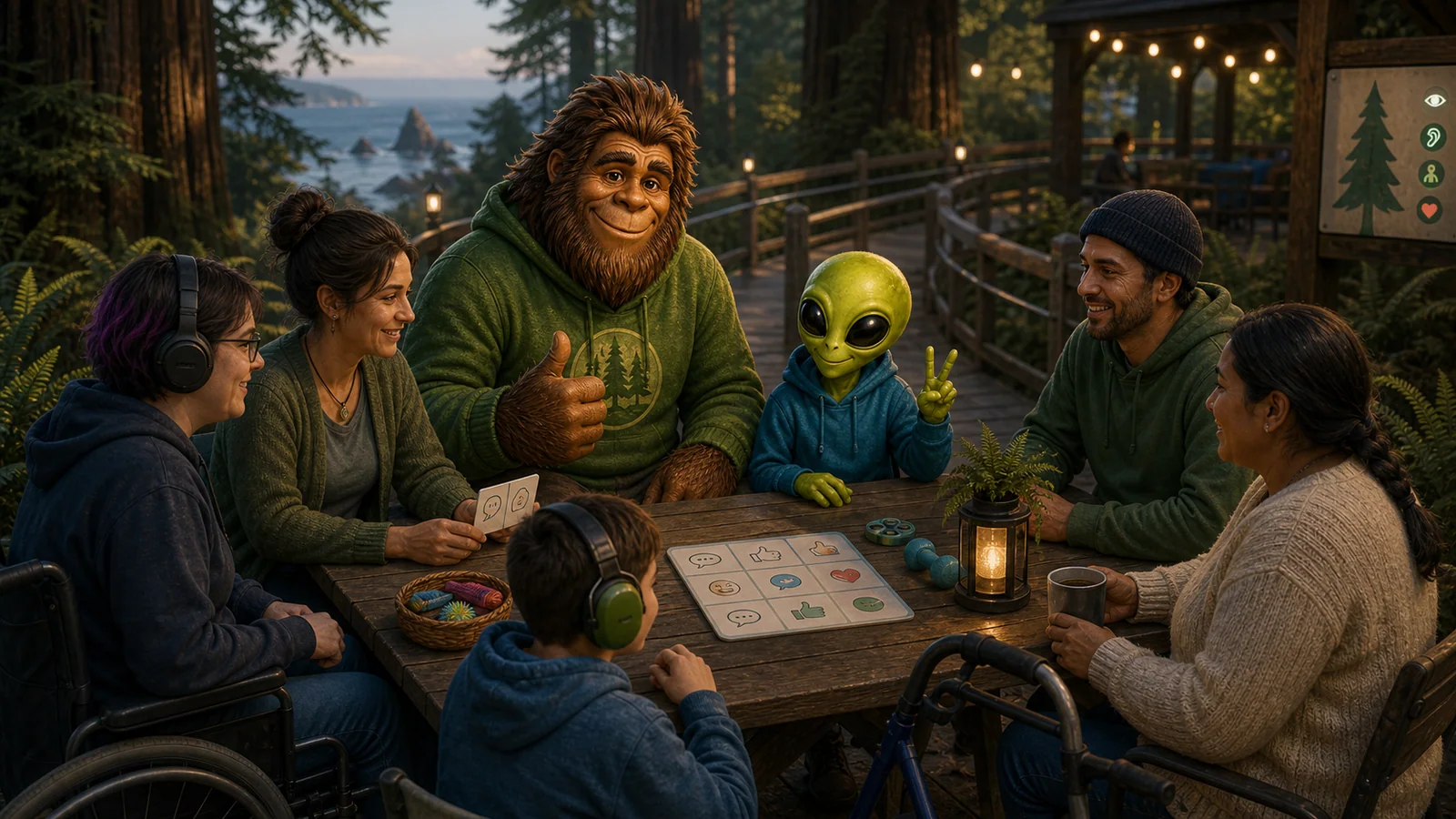 Alien and Bigfoot with Humboldt County adults in an accessible redwood setting for disability inclusion and natural supports.