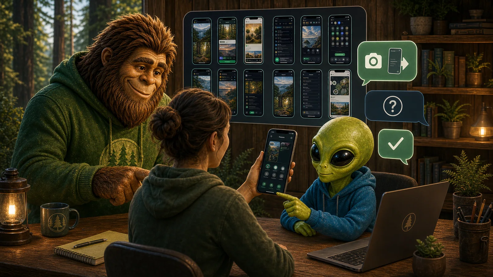 Alien and Bigfoot helping a Humboldt Friends member send mobile screenshots for beta support.