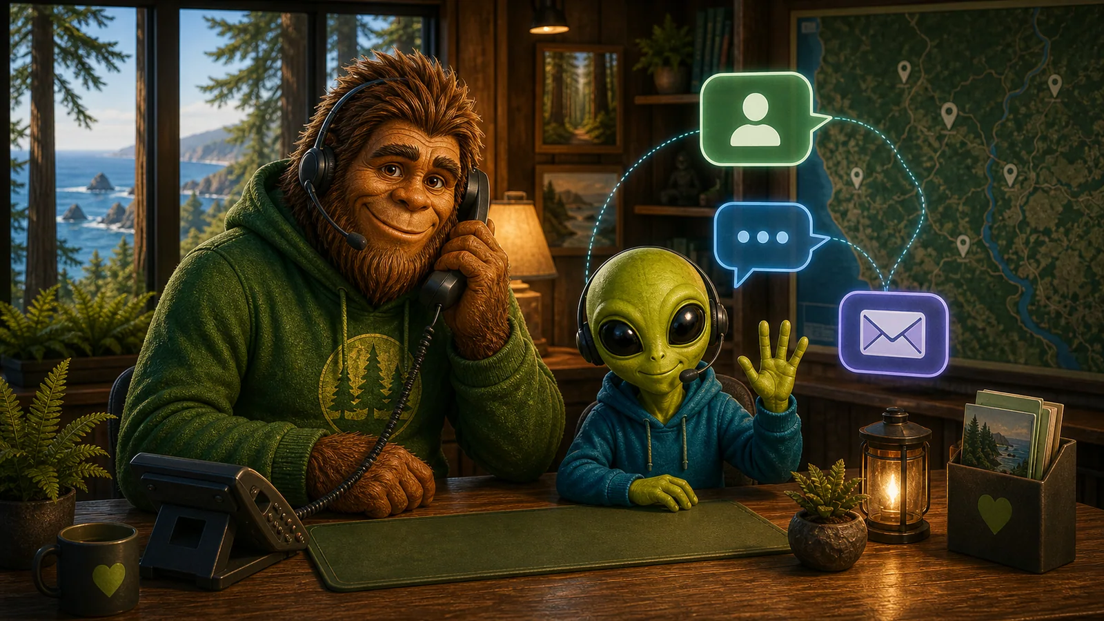 Alien and Bigfoot at a Humboldt Friends support desk with contact and support message icons.