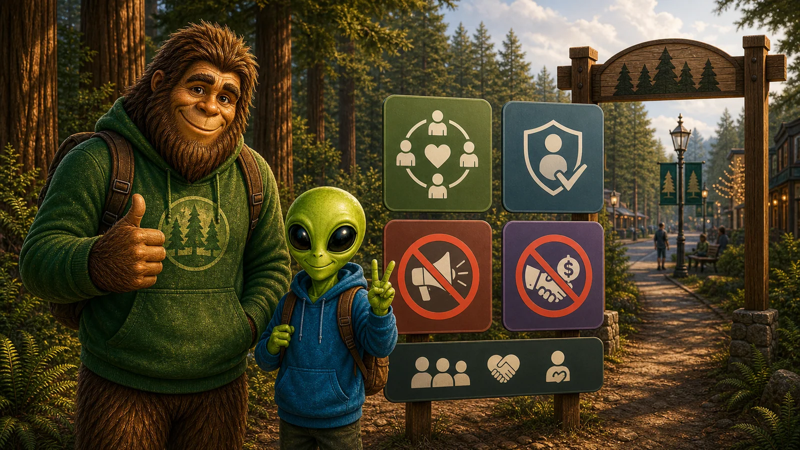 Alien and Bigfoot standing beside Humboldt Friends community standards icons for drug-free and non-commercial rules.