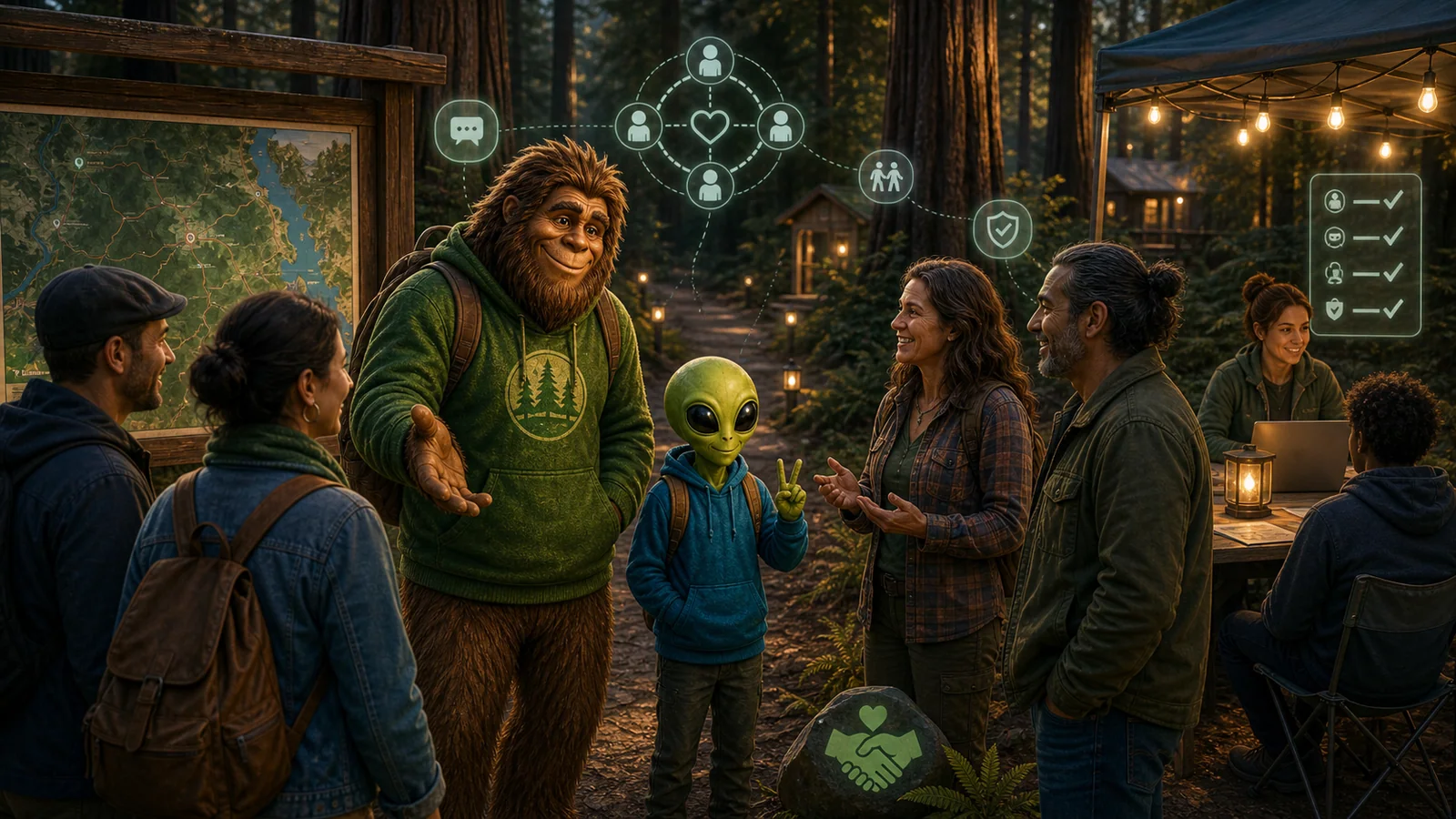 Alien and Bigfoot at a Humboldt County Friends Circle safety interview area for friend-making features.