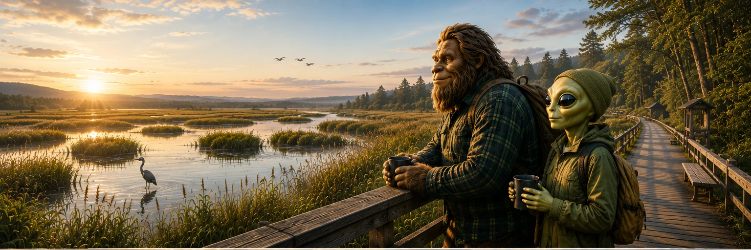Bigfoot and alien friends sharing a quiet Arcata Marsh view for Humboldt Friends