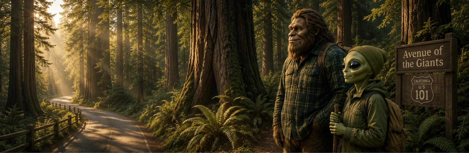 Bigfoot and alien friends among Avenue of the Giants redwoods for Humboldt Friends
