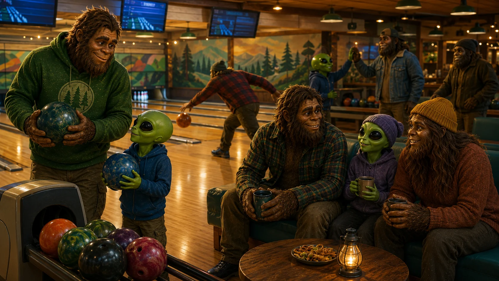 Bigfoot and alien friends bowling together in a warm indoor social setting for Humboldt Friends