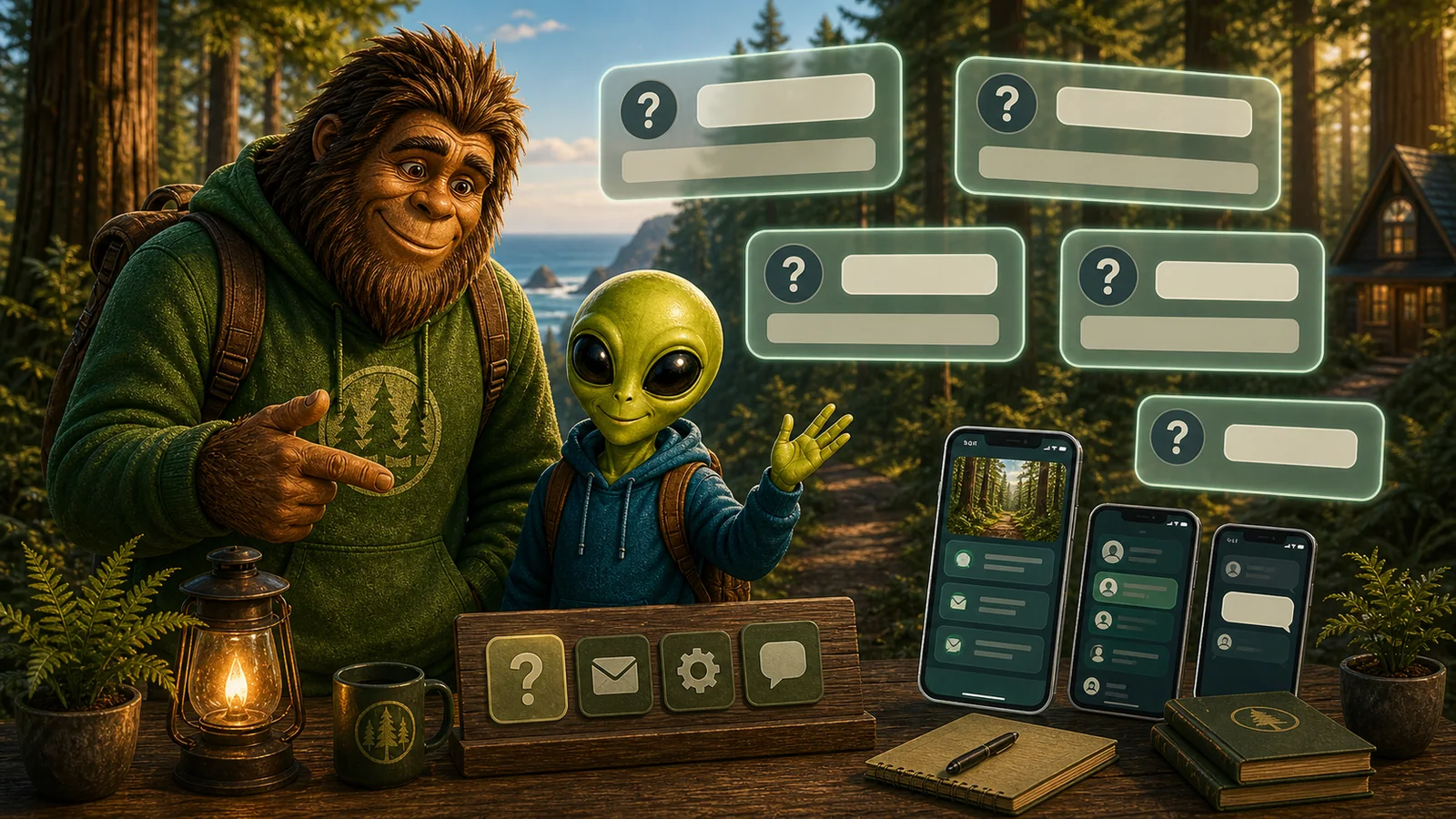 Alien and Bigfoot reviewing Humboldt Friends FAQ cards about the app, safety, privacy, and support.