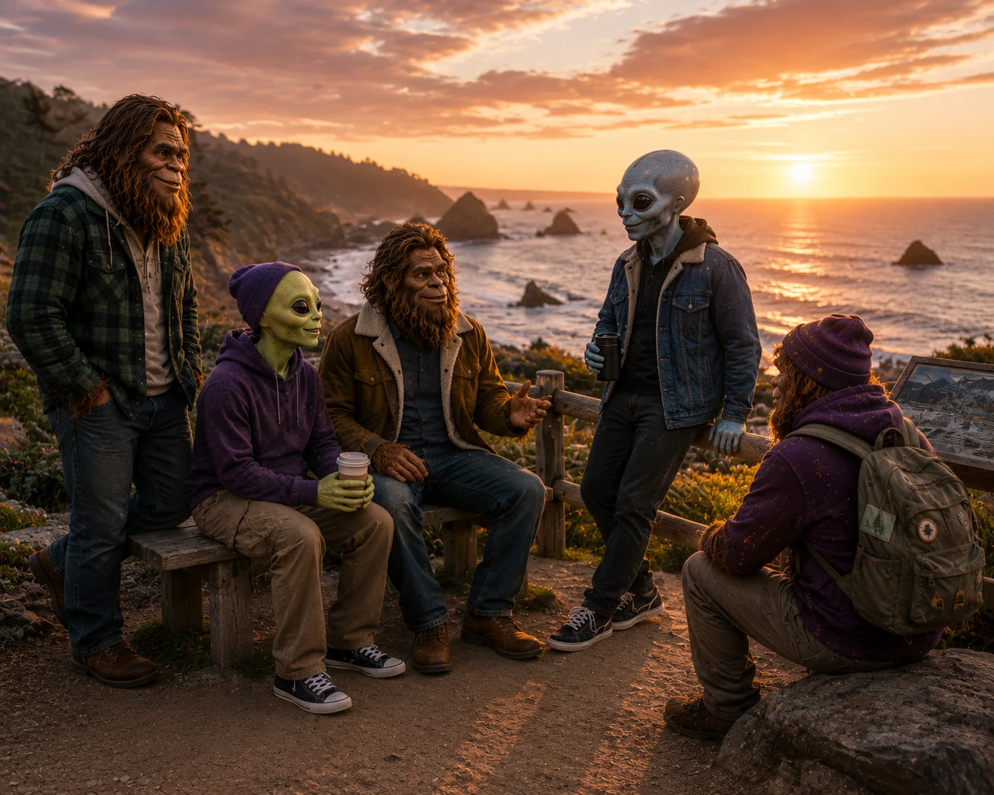 Bigfoot and alien friends gathered at a Humboldt County coastal sunset lookout for Humboldt Friends