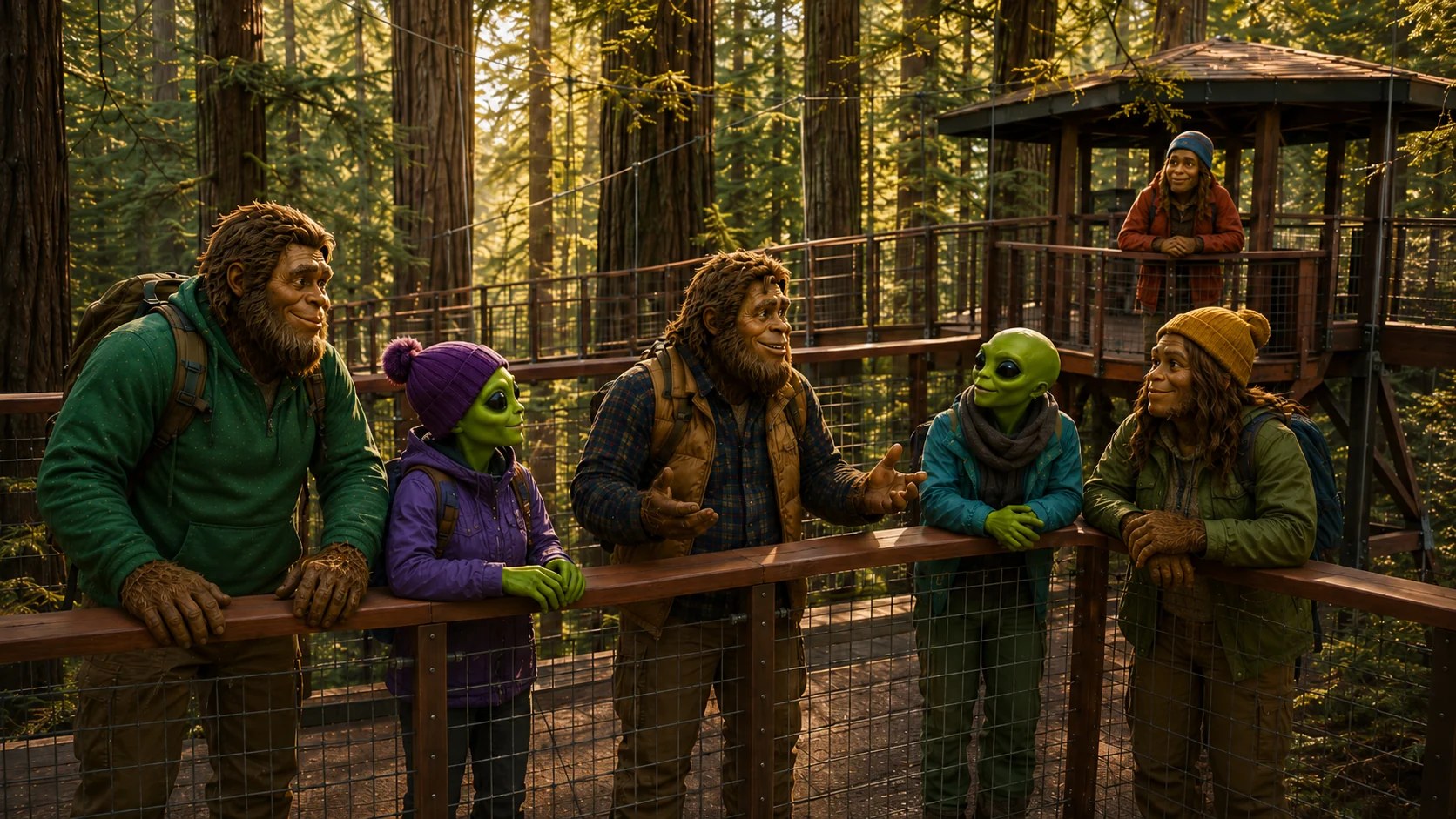 Bigfoot and alien friends on a Redwood Sky Walk style platform for Humboldt Friends safety and trust