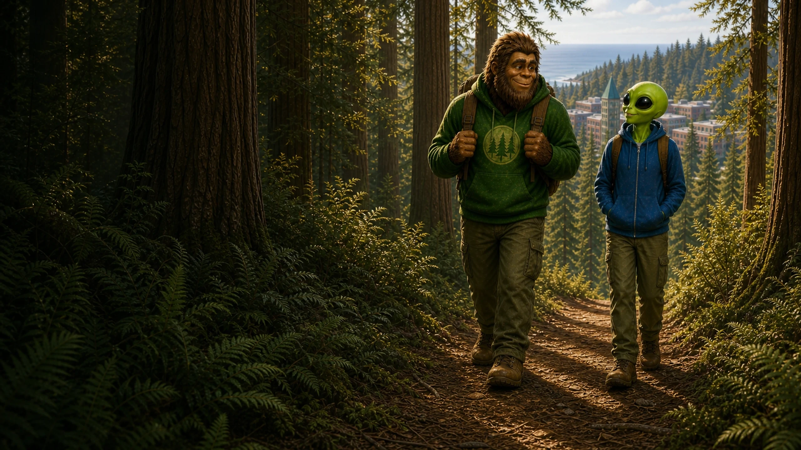 Bigfoot and an alien walking a Humboldt redwood trail for the Humboldt Friends local social app
