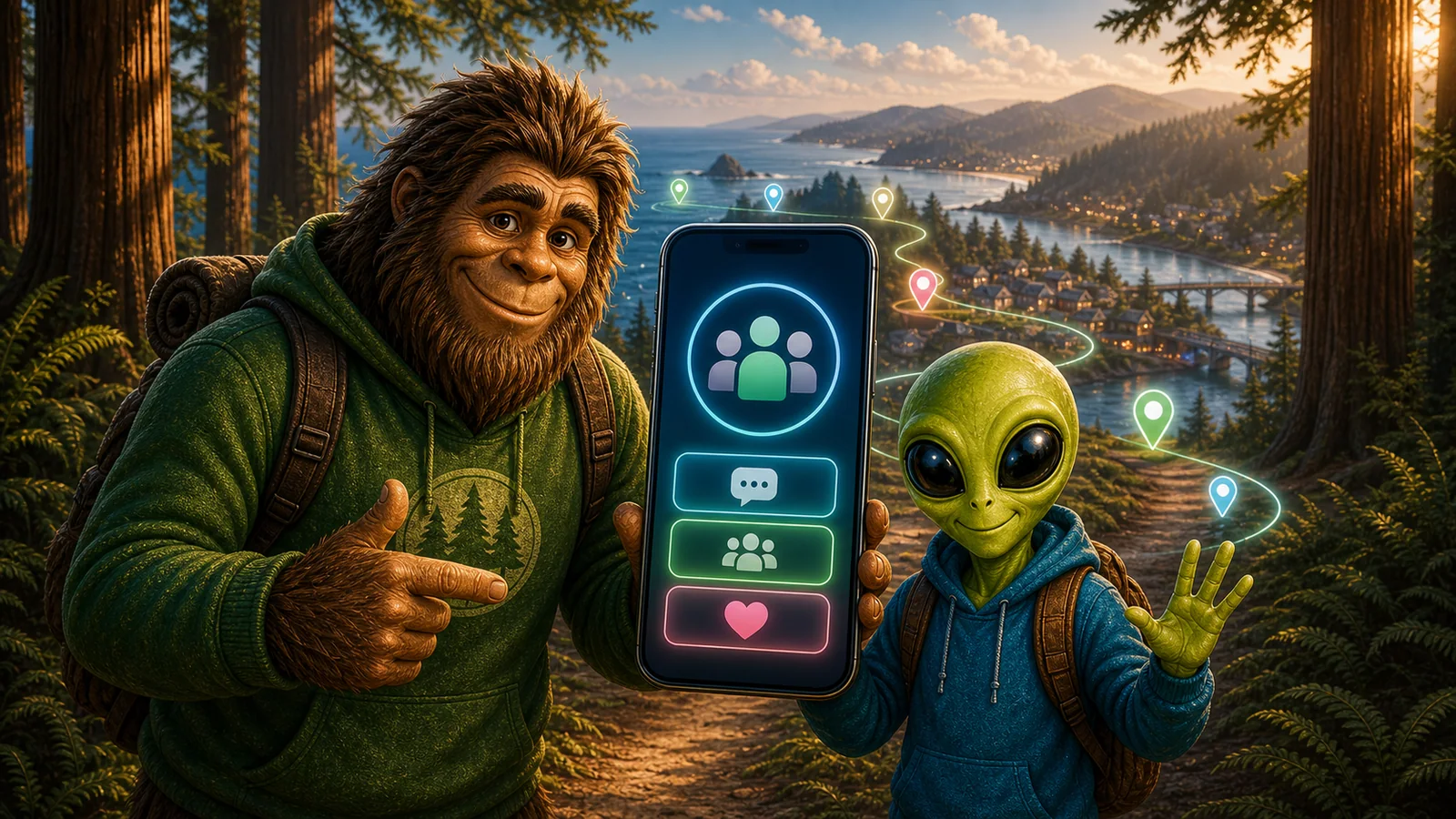 Alien and Bigfoot inviting adults to join the Humboldt Friends mobile social app.