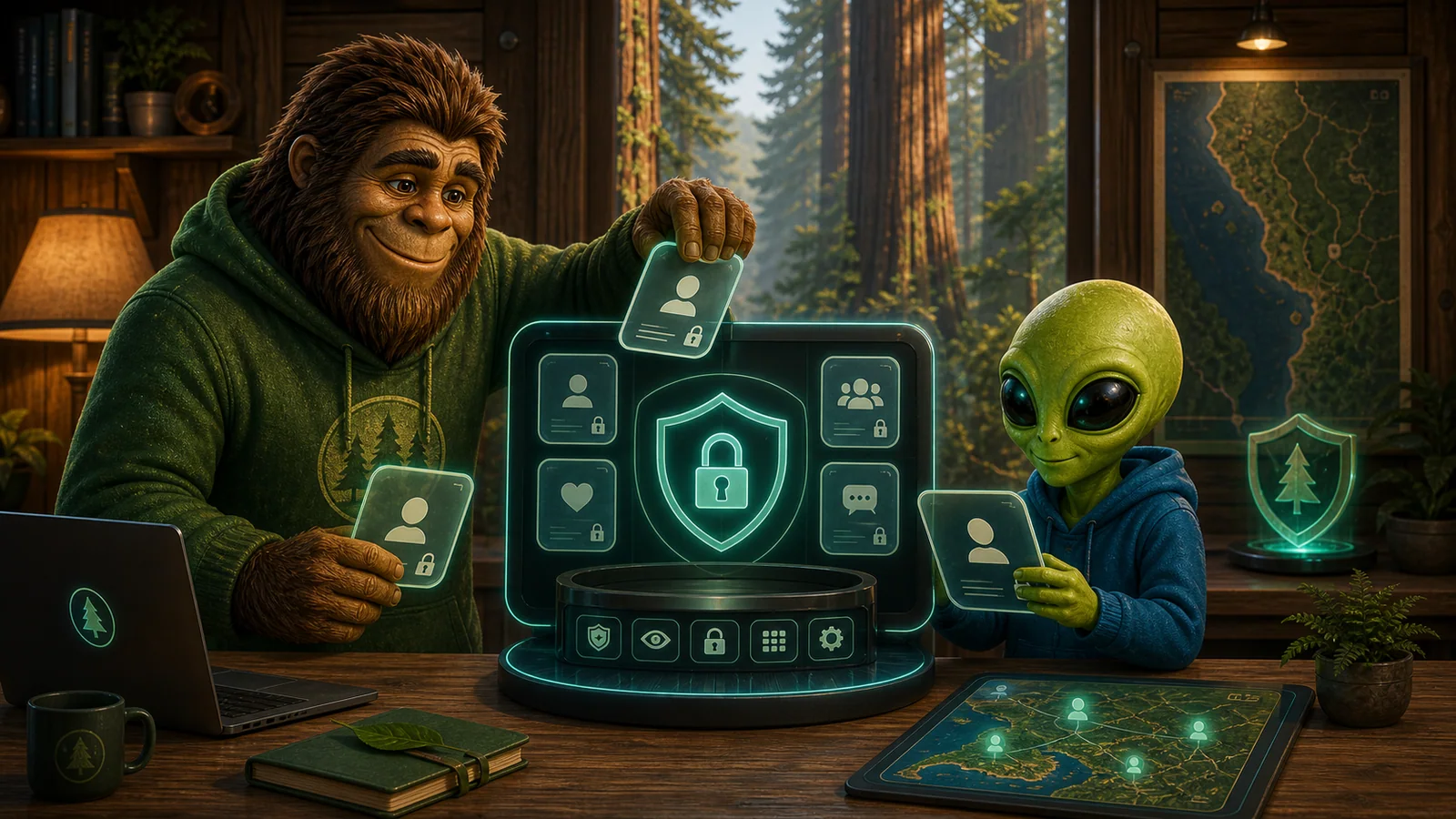 Alien and Bigfoot reviewing privacy and secure data cards for Humboldt Friends without data sales.