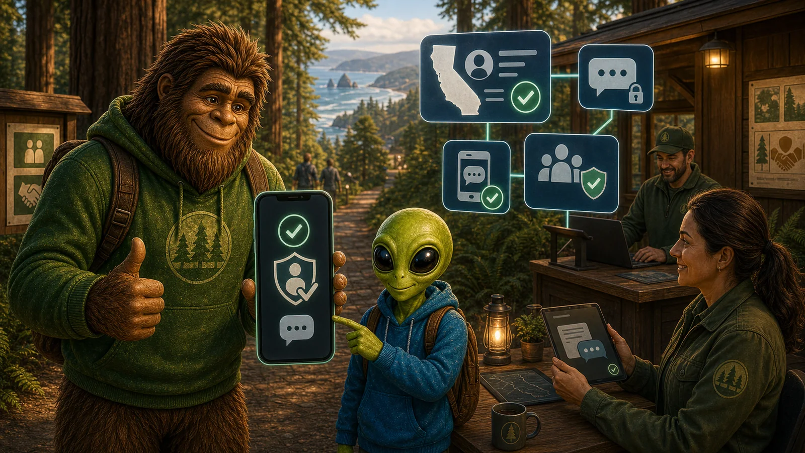 Alien and Bigfoot reviewing Humboldt Friends safety and verification steps for SMS, ID review, and staff accountability.